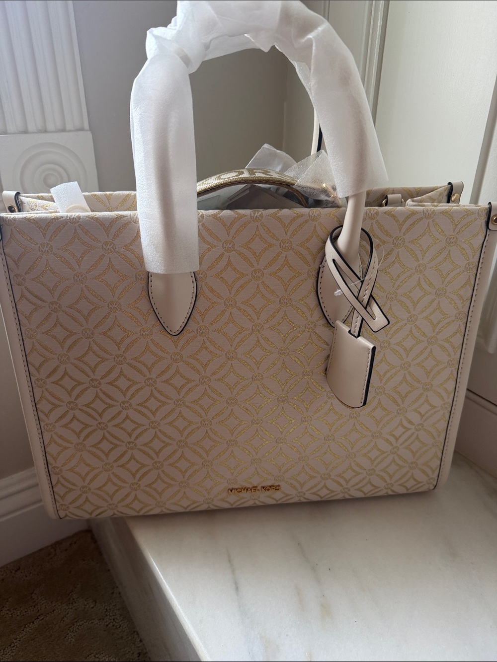 Michael Kors Cream Tote with Gold Signature Pattern